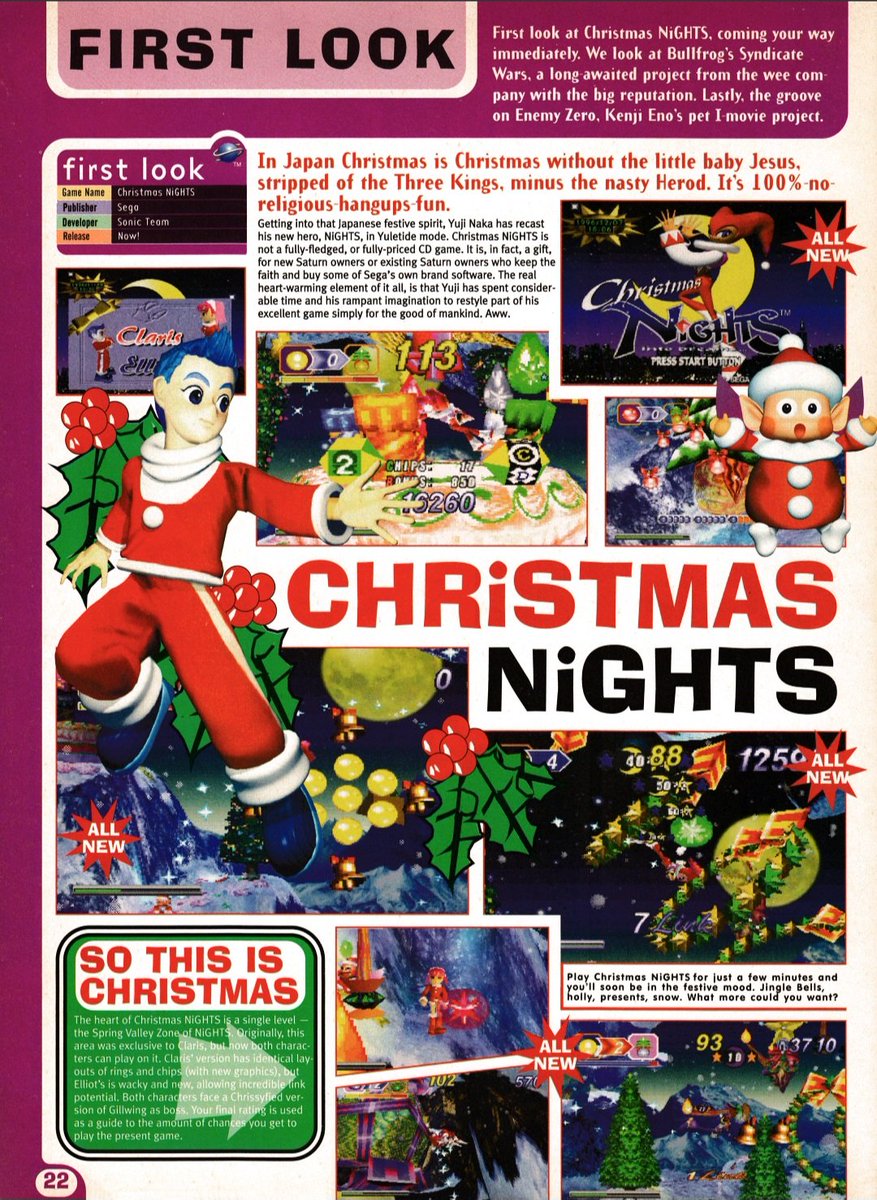 SegaMags's tweet photo. It wouldn't be Christmas without an annual bash on Christmas Nights.

Mean Machines Sega previewed the game in issue 51.

Sadly, the magazine was to close just two issues later, meaning there was never a full review.

#SegaMags #meanmachinessega #christmasnights #segasaturn https://t.co/EVytqbyhEx