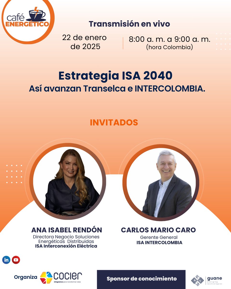 👉🏼 Acompáñanos el 22 de enero en la transmisión en vivo de nuestro Café Energético, a las 8:00 a. m. (hora Colombia).

Un espacio para comprender la estrategia del Grupo ISA, cómo responde a la transición energética.

 Inscríbete: forms.office.com/r/L2NTa1HFXy