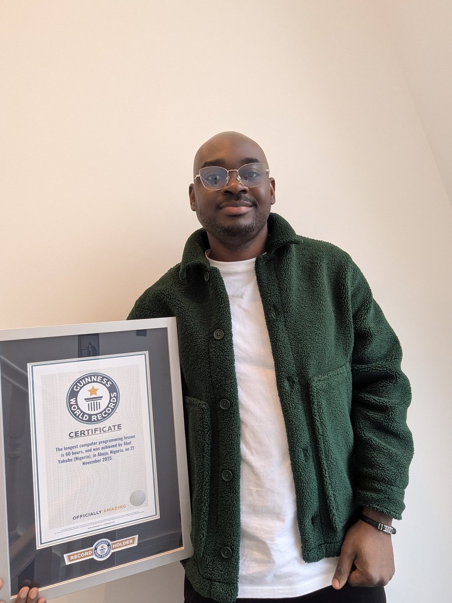_KingAbel's tweet photo. Official New World Record ✅

I, Abel Yakubu of NexEdge Technologies @nexedge_nigeria with the support of 30 committed participants and 20 independent witnesses, have been approved as the Guinness World Record title holder for the Longest Computer Programming Lesson.

We achieved this historic feat at our training hub, Minds & Emotions Centre, in Abuja, Nigeria, from 21st-23rd November 2025.

This achievement is a testament to what is possible when the right framework, shared belief, teamwork, and unwavering commitment come together. I deeply appreciate everyone who played a role in making this a reality.

Congratulations to the entire team 🎉

A Big win for Nigeria and the entire Africa 🏆

Merry Christmas 🎄

https://t.co/EeWZVBBRod