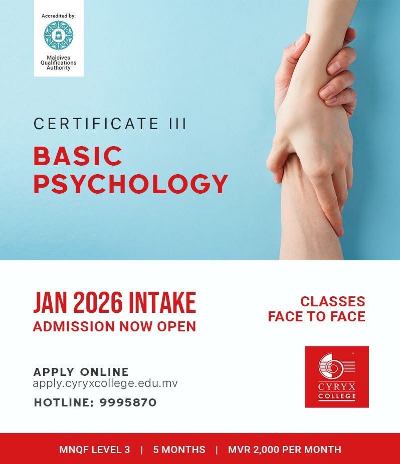 Discover the fundamentals of the human mind with Cyryx College Certificate III in Basic Psychology. Enroll today! Apply before 31st of December 2025.

Apply online at apply.cyryxcollege.edu.mv
#CyryxCollege #CertificateIII #BasicPsychology