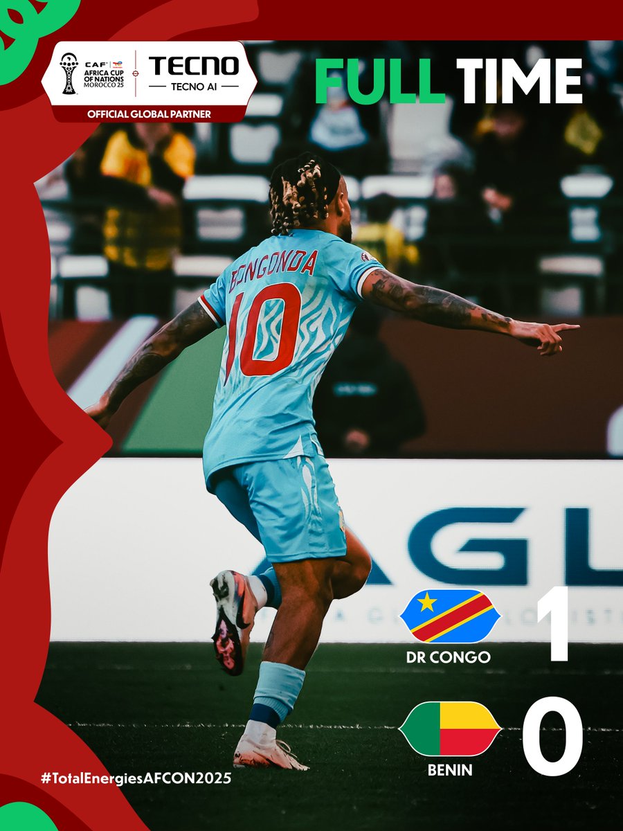 FULL-TIME! 🇨🇩🇧🇯

Theo Bongonda on target as DR Congo open their campaign with victory. 👏

#TotalEnergiesAFCON2025 | <a href="/tecnomobile/">tecnomobile</a>