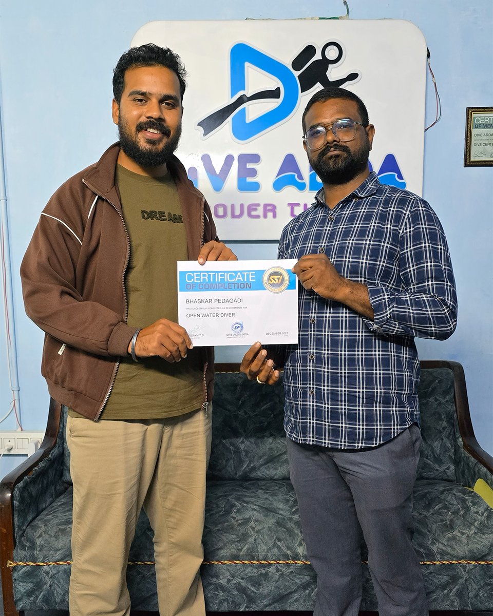 diveaddaindia's tweet photo. Certified to explore the blue 🌊🤿 #OpenWaterDivers
Congratulations to our newly certified Open Water Divers from Team Dive Adda!

#OWD #SSIOpenWater #DiveAdda #ScubaDivingIndia #VizagScuba #ScubaInVizag #AndhraPradeshTourism #SagarNagarBeach #NewDivers #CertifiedDivers https://t.co/HCSiesR8Fc