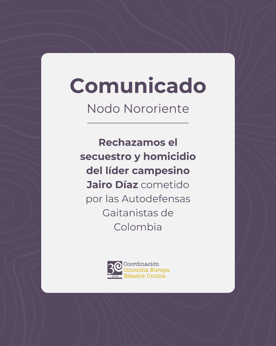 ⚠️Rechazamos el secuestro y homicidio del líder campesino y defensor de derechos humanos Jairo Díaz en el Sur de Bolívar, cometido por estructuras paramilitares. Este crimen evidencia la grave y persistente violencia contra liderazgos sociales en el Magdalena Medio y la urgencia