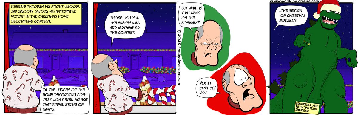 PeskyGremlins's tweet photo. Pesky Gremlins Comic 966
"Return of Christmas Godzilla"
https://t.co/5AuyyNVhaV 
#comic #comics #webcomic #webcomics #cartoon #cartoons #cartoonart #gremlin #gremlins #cartoonstrip #christmas #godzilla https://t.co/bVvb6pZocv