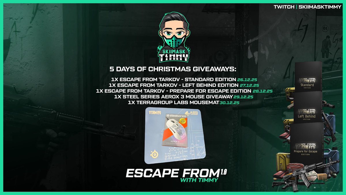 SkiiMaskTimmy's tweet image. 🎄🎅 5 Days of Christmas with Timmy

🚨To support a friend of Tarkov in need this Christmas I am also giving away $75, enter:

1️⃣Follow me on X
2️⃣Like and Repost
3️⃣Tag a friend

Winner will be drawn on December 26th LIVE on Twitch:

SkiiMaskTimmy

#EscapefromTarkov #タルコフ