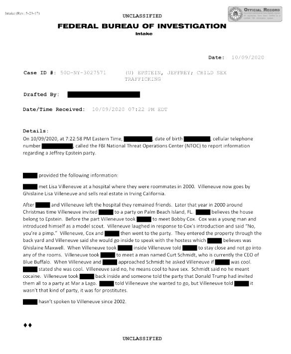 "Someone told the party that Donald Trump had invited them all to a party at Mar a Lago. REDACTED told Villeneuve she wanted to go, but Villeneuve told REDACTED it wasn't that kind of party, it was for prostitutes."