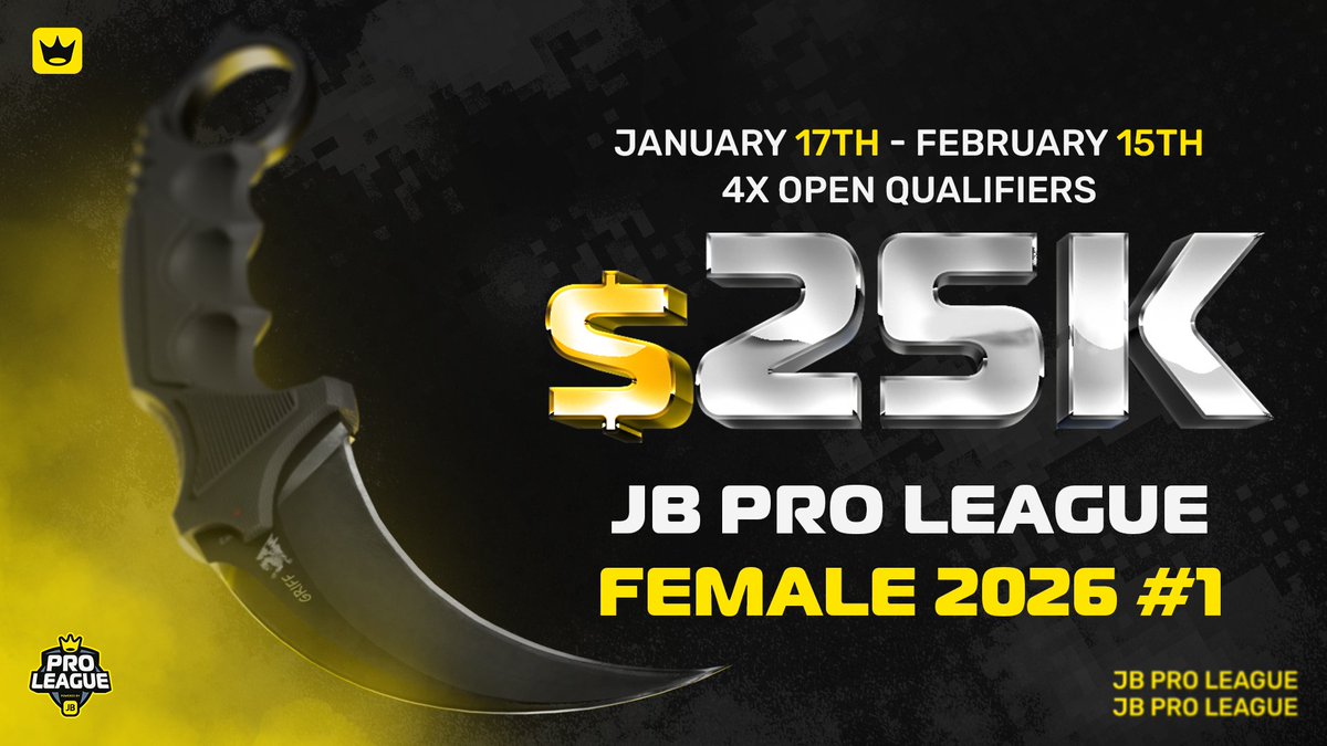 JBProLeague's tweet image. JB.com, together with @vantagl, are proud to officially announce JB Pro League Female 2026 #1 - a Tier 2 Counter-Strike 2 online tournament with a $25,000 prize pool, taking place between January 17 - February 15, 2026.