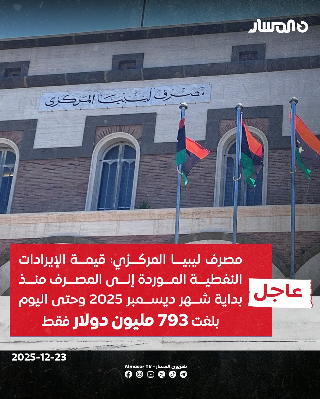 عاجل | مصرف ليبيا المركزي: قيمة الإيرادات النفطية الموردة إلى المصرف منذ بداية شهر ديسمبر 2025 وحتى اليوم بلغت 793 مليون دولار فقط. نؤكد الاستمرار في تنفيذ عمليات بيع النقد الأجنبي بصفة منتظمة وبمعدلات تلبي احتياجات السوق المحلي 