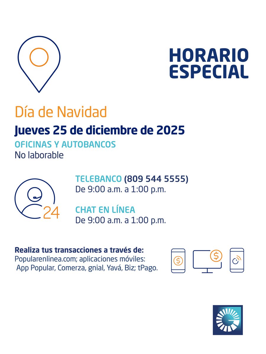 Popularenlinea's tweet photo. Horario especial | 24 y 25 de diciembre 🎄
Consulta los horarios de nuestras oficinas en:
💻 https://t.co/4K1FyceHLD
Y para conocer los horarios de las transferencias interbancarias, desliza ➡️
Recuerda que puedes realizar tus transacciones a través de:
📱 #AppPopular
💻 https://t.co/4K1FyceHLD
🏧 #CajerosAutomáticosPopular
🤝 @tpagord
📍 Red de #SubagentePopular
#TrazosCompartidos #BancoPopularDominicano
#HorariosEspeciales