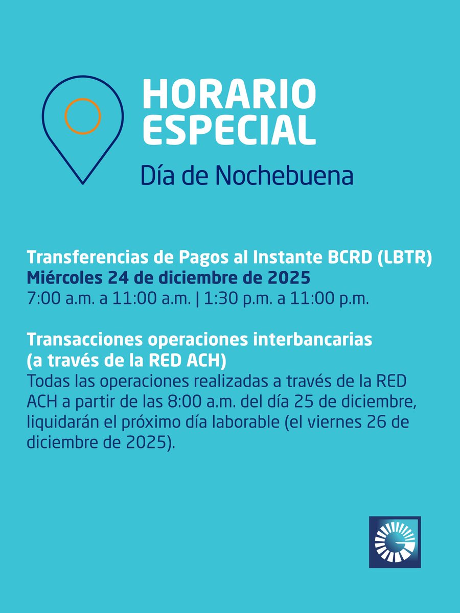 Popularenlinea's tweet photo. Horario especial | 24 y 25 de diciembre 🎄
Consulta los horarios de nuestras oficinas en:
💻 https://t.co/4K1FyceHLD
Y para conocer los horarios de las transferencias interbancarias, desliza ➡️
Recuerda que puedes realizar tus transacciones a través de:
📱 #AppPopular
💻 https://t.co/4K1FyceHLD
🏧 #CajerosAutomáticosPopular
🤝 @tpagord
📍 Red de #SubagentePopular
#TrazosCompartidos #BancoPopularDominicano
#HorariosEspeciales