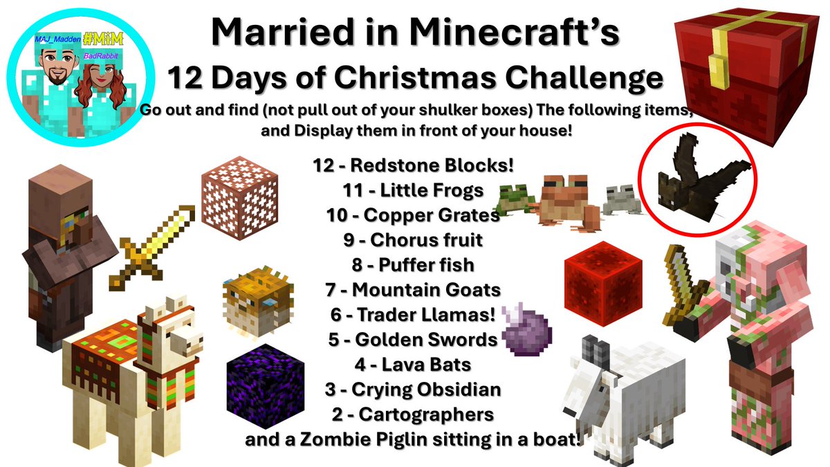 MAJ_Madden's tweet image. We should have posted this 10 days ago!!!  Its Christmas Eve, Eve now. . . but not too late!

Merry Christmas, and can you find all of these in your next excursion in #Minecraft?

#ChristmasChallenge #MinecraftChallenge #MiMChallenge #MiM