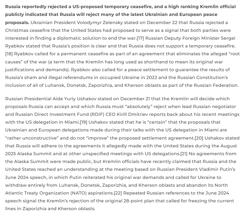 TheStudyofWar's tweet image. MORE: Russia reportedly rejected a US-proposed temporary ceasefire, and a high-ranking Kremlin official publicly indicated that Russia will reject many of the latest Ukrainian and European peace proposals. ⬇️