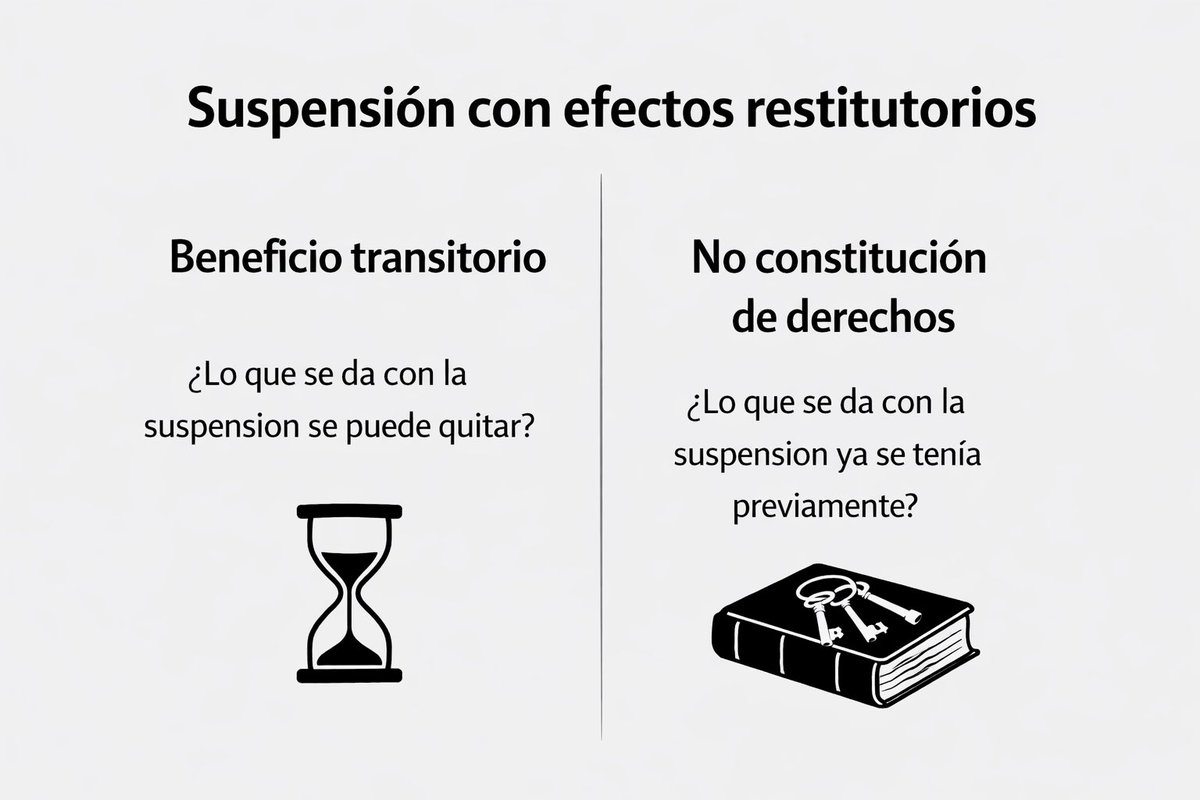 Suspensión con efectos restitutorios. 📌

Son fundadas las críticas a los juzgados que niegan suspensiones de manera automática, bajo el argumento de que: “no se le podrían dar efectos restitutorios” o “se dejaría sin materia el amparo”. 🚫

Pero ¿qué son los efectos
