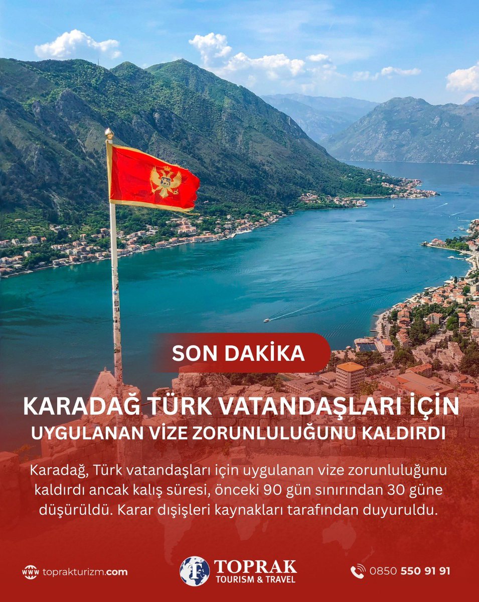 🚨 SON DAKİKA 🚨

Karadağ, Türk vatandaşları için vize zorunluluğunu kaldırdı.
Alınan kararla birlikte vizesiz seyahat mümkün hale gelirken, kalış süresi 90 günden 30 güne düşürüldü.

Balkanlar artık çok daha yakın ✈️
Vizesiz, konforlu ve dolu dolu Karadağ &amp; Balkan turları için