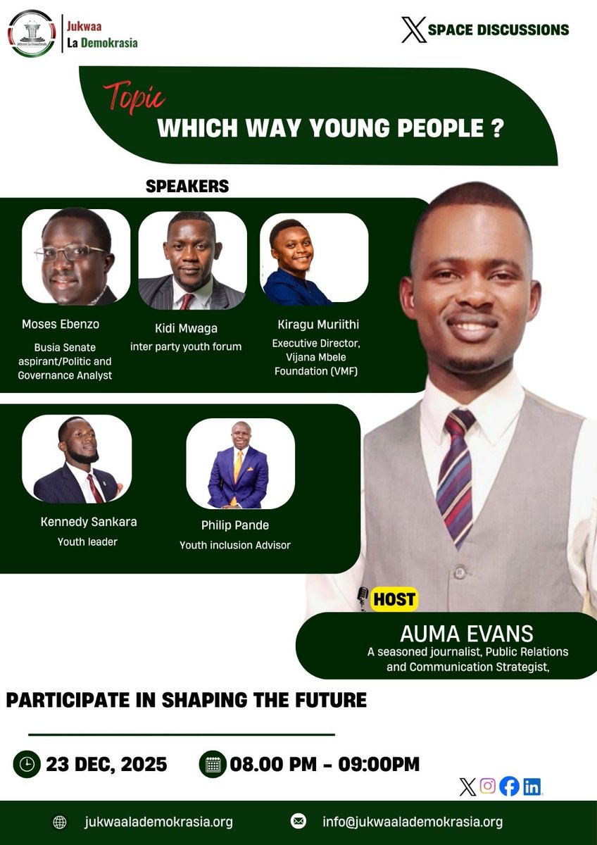 JukwaDemokrasia's tweet photo. Which way young people? Join us tonight as we explore on how young people can use their numerical advantage to challenge status quo. https://t.co/Kblg5wtFvd