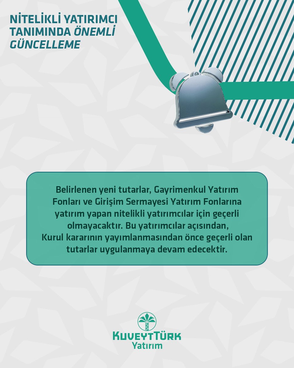 #NitelikliYatırımcı

SPK’nın yayımladığı son bültenle nitelikli yatırımcı olmak için gereken finansal varlık tutarı 1 milyon TL’den 10 milyon TL’ye yükseltildi.

Siz de nitelikli yatırımcılara özel kira sertifikası avantajlarından faydalanmak için 444 1 101 numaralı iletişim