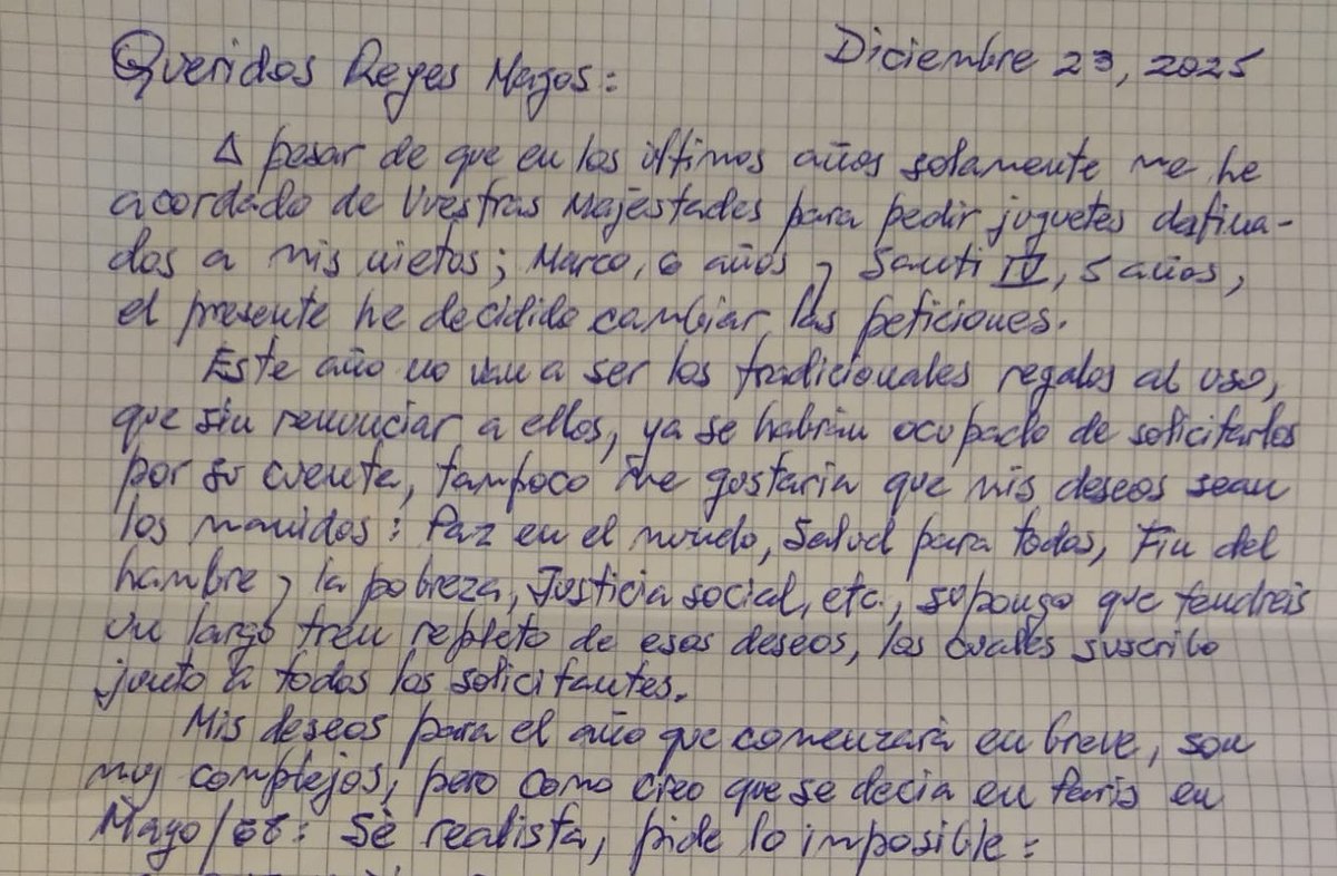 Solidarios_es's tweet photo. Carta a los Reyes Magos desde #prisiones
Mis deseos para el año que comienza son muy complejos, pero como creo que se decía en París en mayo del 68: “Se realista, pide lo imposible”
QUE NADIE PERMANENZA EN UN LUGAR NO DESEADO https://t.co/u3Y5Mnha3X