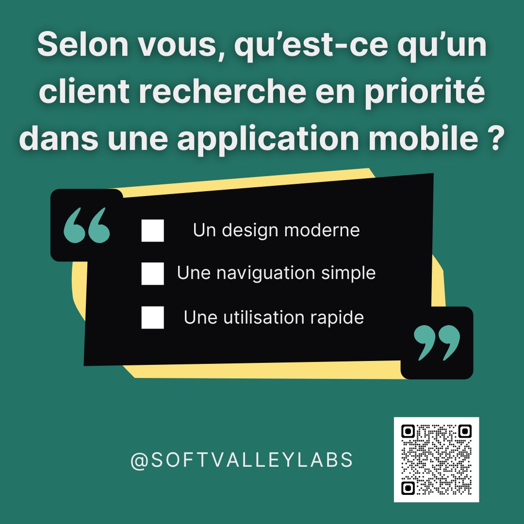 SoftvalleySN's tweet photo. On veut savoir : Selon vous, qu'est-ce qu'un client recherche en priorité dans une application mobile?
Partagez votre réponse en commentaire ⬇️
#SoftValleyDakar #SenegalTech #MadeInAfrica #dakar https://t.co/ZvHhod4akH