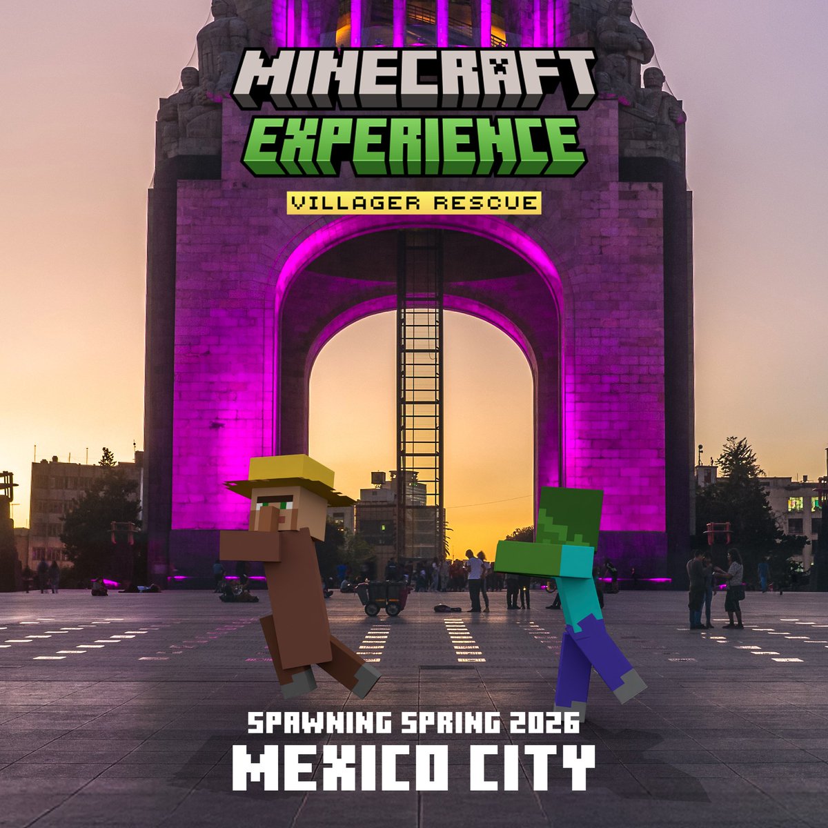 Minecraft's tweet image. Villagers spotted in Mexico City… 👀

Looks like they’re exploring the city ahead of #MinecraftExperience: Villager Rescue, arriving this spring.
Plan ahead to be among the first to explore, craft, and rescue villagers IRL.

🎟️ Get tickets now at msft.it/6013tsDV7