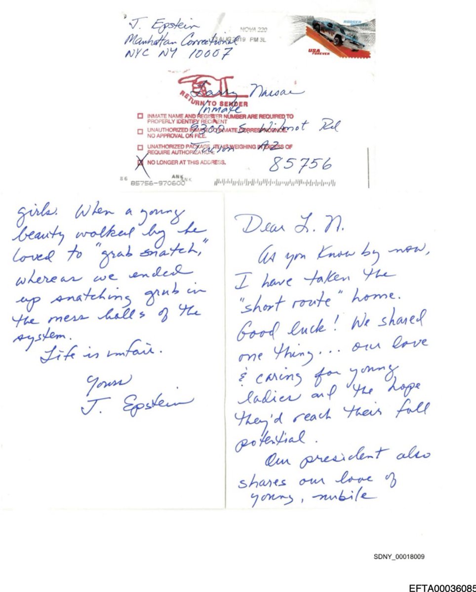 ProjectLincoln's tweet image. From newly released Epstein files, a letter allegedly from Epstein to convicted sex offender Larry Nassar in prison around the time of Epstein's death:

“Our president shares our love of young, nubile girls.”