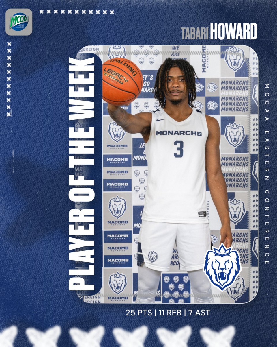 MacombMonarchs's tweet photo. 𝗣𝗹𝗮𝘆𝗲𝗿 𝗼𝗳 𝘁𝗵𝗲 𝗪𝗲𝗲𝗸

@MacombMBB sophomore guard Tabari Howard has been named MCCAA Eastern Conference Player of the Week following a huge game at Hocking last week where he recorded 25 points, 11 rebounds and 7 assists in a road win! 

#WeReign #NJCAABasketball https://t.co/CDwpvVYbIT