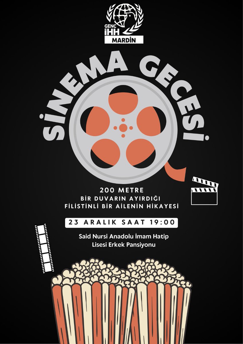 📌Sinema Gecesi 
200 Metre
Bir Duvarın Ayırdığı Filistinli Bir Ailenin Hikayesi
📆 23 Aralık Salı (Bugün)
🕗19:00
📍Said Nursi Anadolu İmam Hatip Lisesi Erkek Pansiyonu