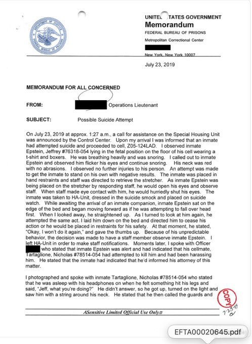 MarioNawfal's tweet image. 🚨🇺🇸 NEW EPSTEIN FILES: EPSTEIN FEARED RETURNING TO CELL WHERE HE GOT STRANGLED - SAID “I DON’T KNOW WHAT HAPPENED”

On July 23, 2019, Jeffrey Epstein was found unconscious in his cell at MCC New York with neck injuries, snoring loudly and unresponsive.

Medical staff documented…