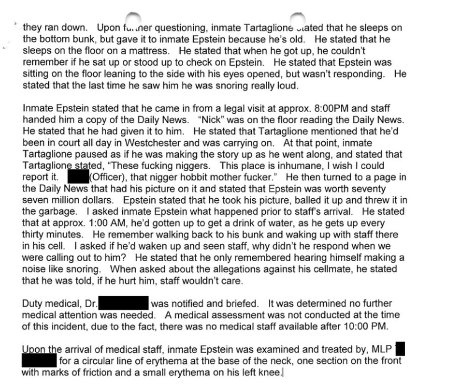 MarioNawfal's tweet image. 🚨🇺🇸 NEW EPSTEIN FILES: EPSTEIN FEARED RETURNING TO CELL WHERE HE GOT STRANGLED - SAID “I DON’T KNOW WHAT HAPPENED”

On July 23, 2019, Jeffrey Epstein was found unconscious in his cell at MCC New York with neck injuries, snoring loudly and unresponsive.

Medical staff documented…