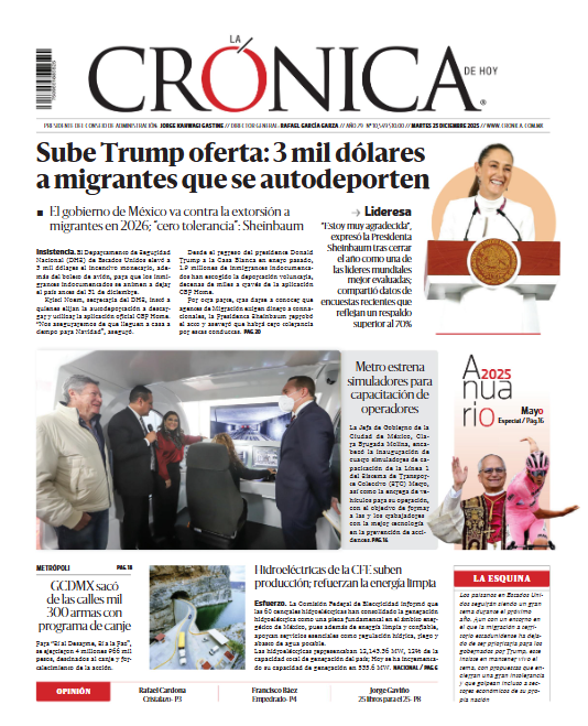 #PrimeraPlana | Sube Trump oferta: 3 mil dólares a migrantes que se autodeporten 🔴 El gobierno de México va contra la extorsión a migrantes en 2026;  "cero tolerancia": Sheinbaum 📍

cronica.com.mx/impreso/