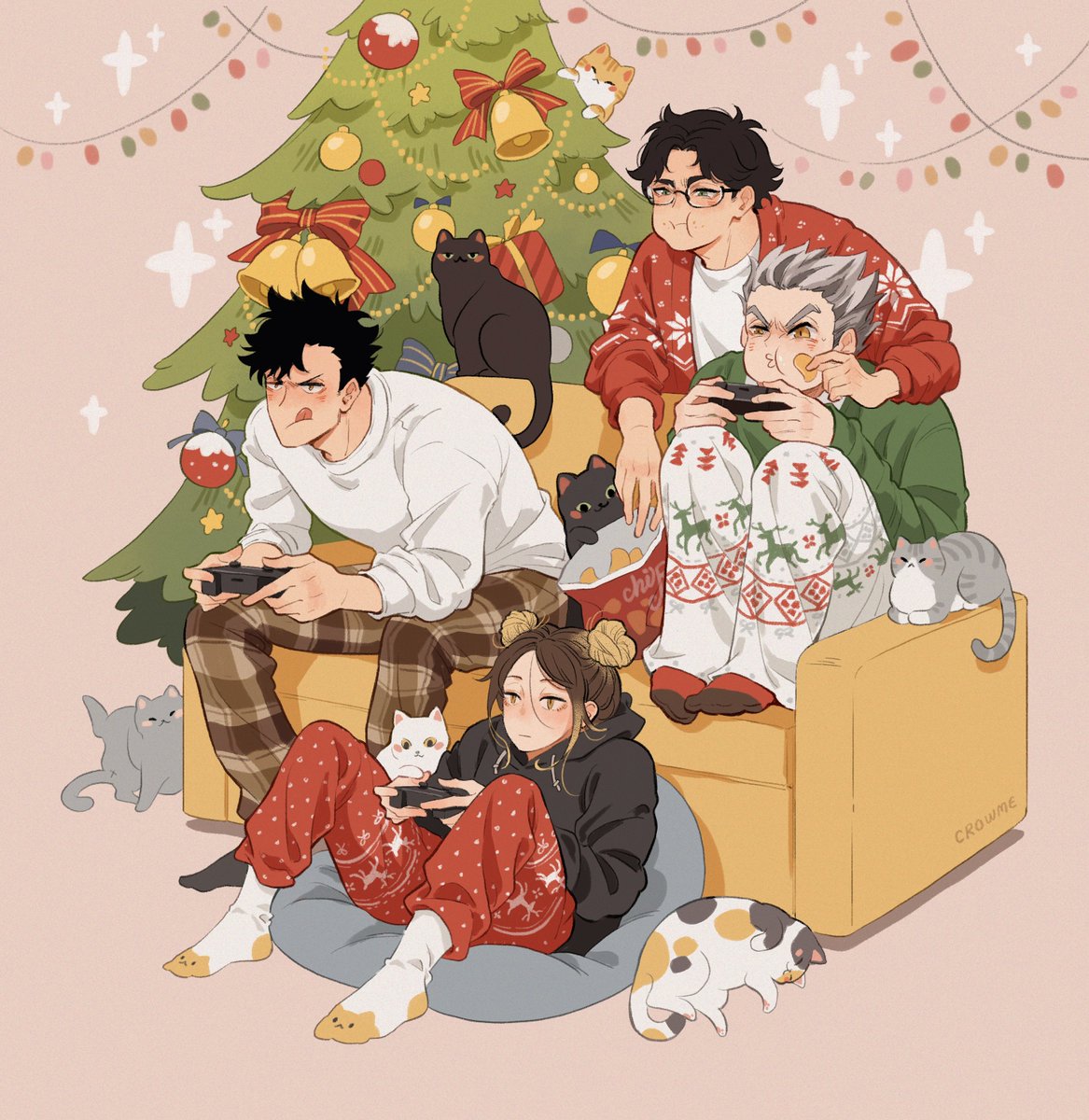 Crowme2's tweet image. 9 cats and 2 owls (Christmas Edition)
#haikyuu #kuroken #bokuaka