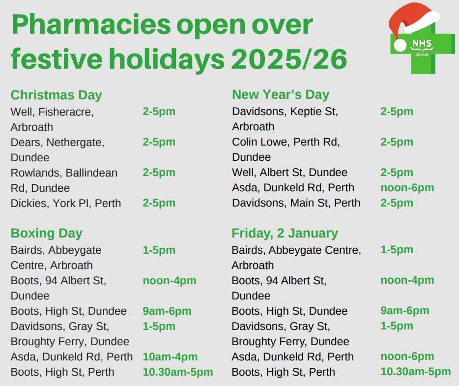 PerthSconeMed's tweet photo. Taymount &amp; Scone surgeries are closed 25-28 Dec and 1-4 Jan.

Your community pharmacist can offer advice and treatment for many common illnesses while we are closed.

Know where to get the right care in the right place this festive season... visit https://t.co/2NRbPTJlD6 https://t.co/Iw0A7KG8l2