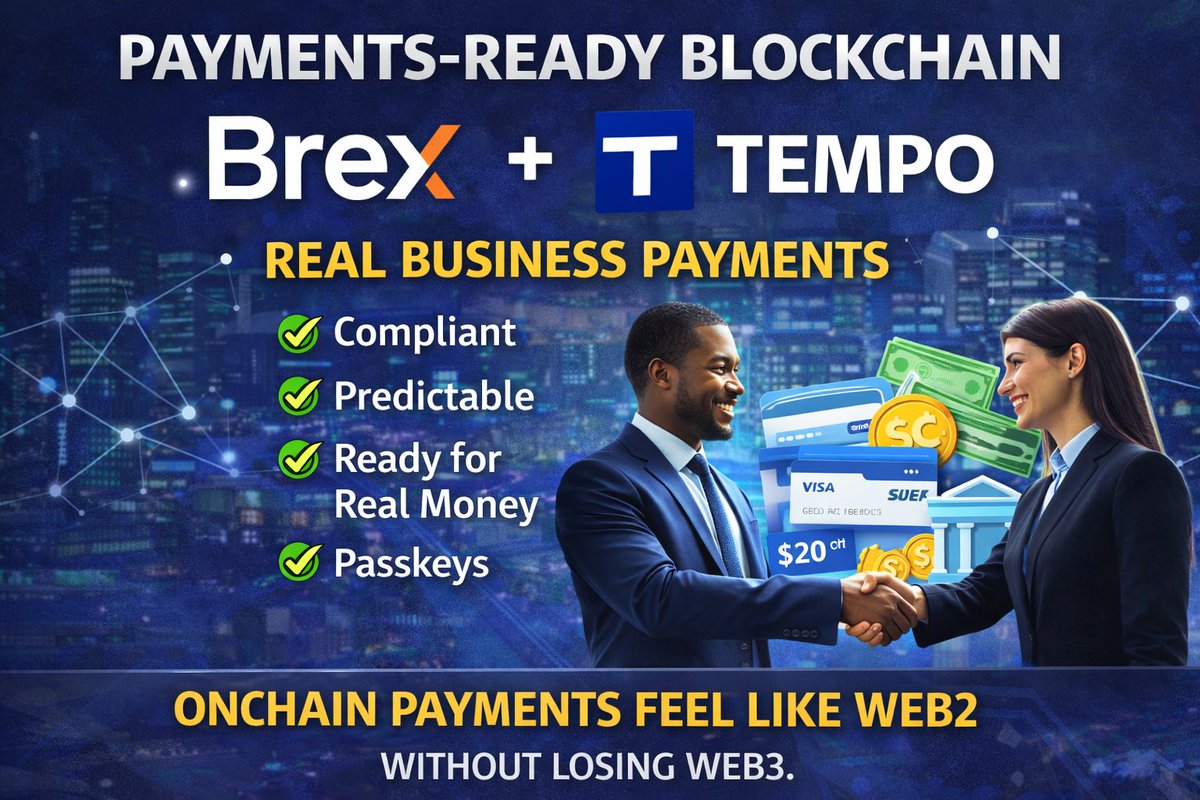 Another big signal 👀

When a fintech like <a href="/brexHQ/">Brex</a> joins <a href="/tempo/">Tempo</a> as a design partner, it’s not about hype — it’s about real business payments at scale.

Tempo is clearly being built for production: compliant, predictable, and ready for real money.

This is how onchain payments go