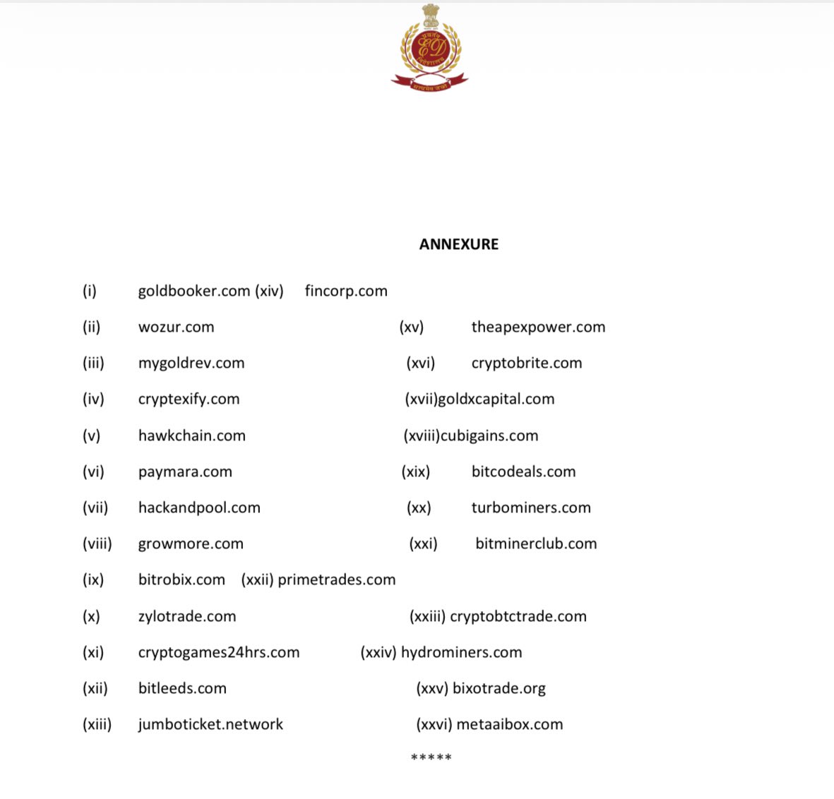 BREAKING: 🇮🇳 ED has listed 26 websites running fake Crypto investment  platforms. They looked genuine. Promised unrealistic returns. And targeted  innocent investors.