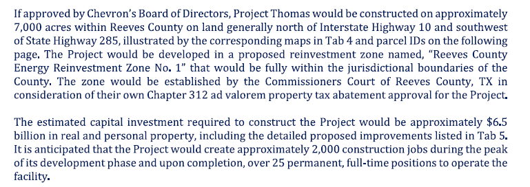 310Value's tweet image. $CVX's Permian Basin Power Plant Project, which is requesting a tax abatement from Reeves County &amp;amp; plans to utilize $tpl's land and adjoin $lb's / $wbi's land, is expected to be a $6.5B project.  $cvx's LTM capex was $16.4B.