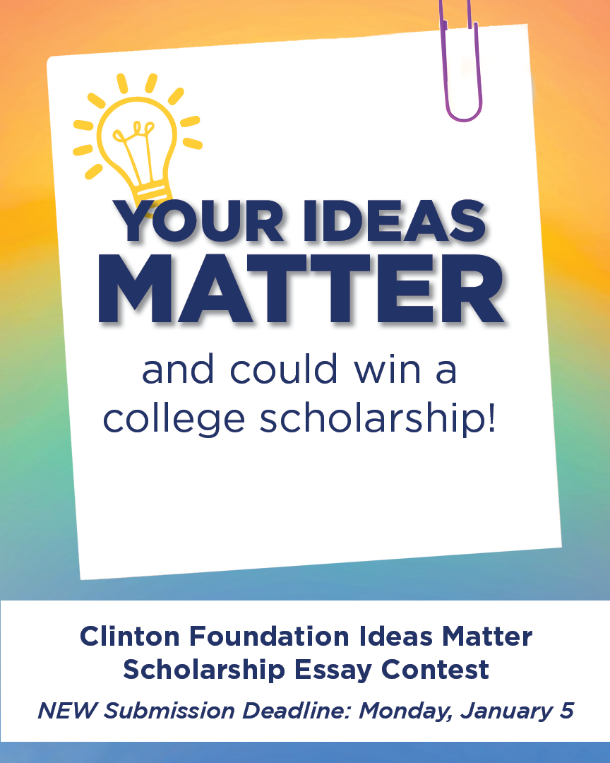 💡 Calling all #Arkansas juniors and seniors for our Ideas Matter Scholarship Essay Contest! Put your ideas into action, and you could win a college scholarship. 

Submit your essay by January 5: clintonpresidentialcenter.org/ideasmatteress…