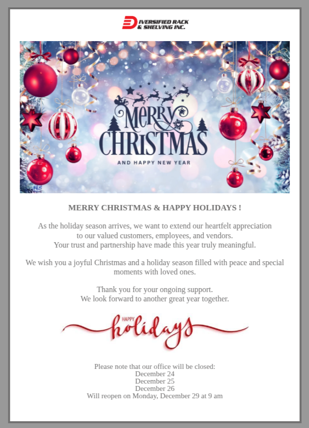 diversifiedrack's tweet photo. Happy Holidays from Diversified Rack! https://t.co/vranuYi9Dd