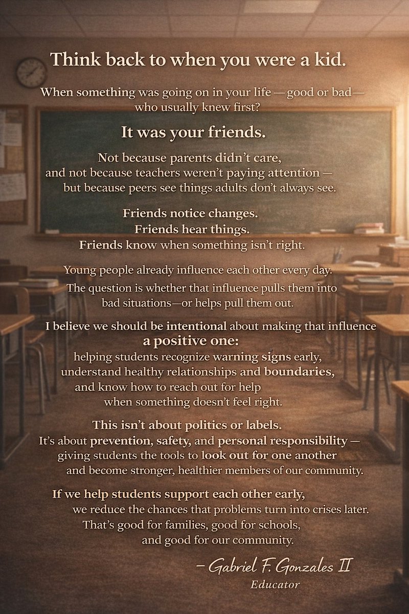 GFG2cares's tweet photo. Some of the most important warning signs in a young person’s life are first seen by their friends. When students know they’re not alone and know where to turn, prevention and safety become possible. Compassion can change lives.
#GFG2Cares #StudentSafety #PreventionMatters https://t.co/SOBIWdd2Rw