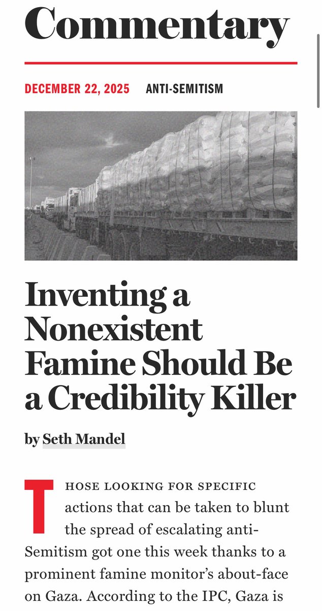 “The “famine” narrative materially affected the war by convincing supposed members of the democratic alliance to withhold supplies from Israel and force Israel to resupply Hamas, thereby prolonging the war and costing additional Israeli and Palestinian lives.” 

Read <a href="/SethAMandel/">Seth Mandel</a>