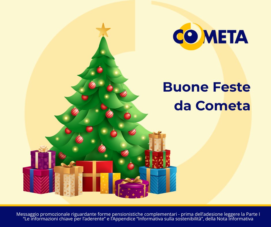 🎄 Buone Feste da #FondoCometa
☎️ I nostri uffici saranno chiusi il 24/12 pomeriggio e il 31/12 pomeriggio. Il call center è operativo allo 0422.1745973 da lunedì a venerdì dalle 9.00 alle 18.00, ad eccezione dei giorni festivi e del 02/01.
🔗cometafondo.it
#Previdenza