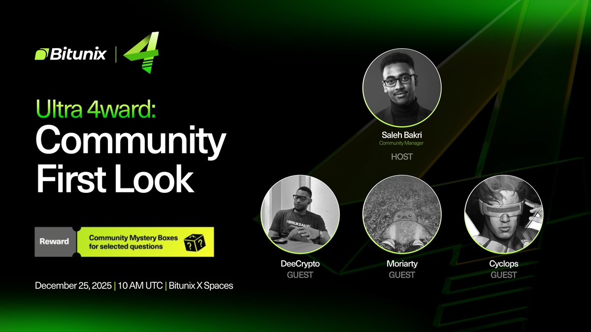 BitunixOfficial's tweet photo. 🚨 Bitunix Turns 4 — Ultra 4ward

Want a first look before everyone else? 👀
We’re hosting a Community Call to tease what’s coming for the Bitunix 4th Anniversary.

🗓 Dec 25 | 11:00 AM UTC
🎙 X Spaces: https://t.co/V3cD9aFhfl
✨ Sneak peeks into anniversary events, challenges & rewards
👥 Community voices take the stage
Drop your questions in TG using #Ultra4ward

🎁 Selected questions get answered live + win Mystery Boxes
Be early. Be involved. Go Ultra 4ward 🚀
#Bitunixspaces #bitunix4