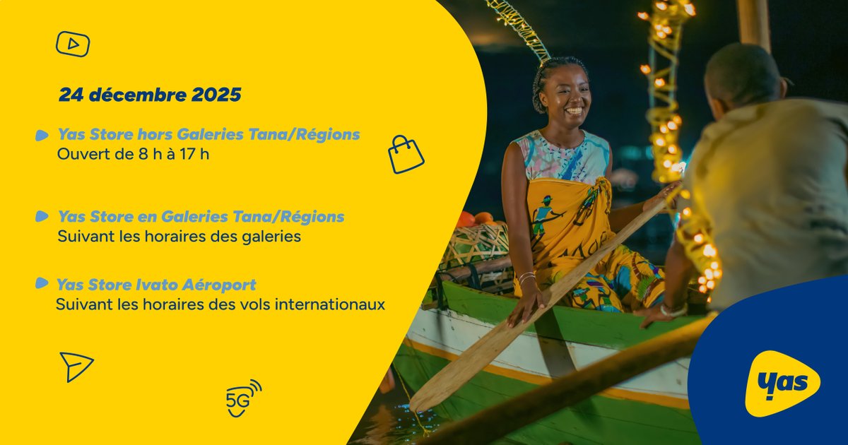 ⏱️Horaire d'ouverture Yas Store Tana et Régions - Mercredi 24 Décembre 2025🗓️
La Team Yas vous souhaite de très belles fêtes !🎄

#NdaoFaLera