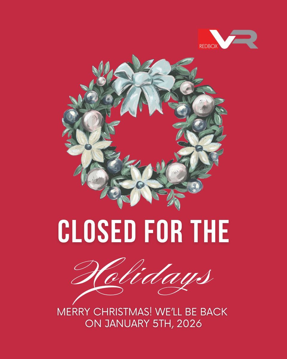 redboxvr's tweet photo. We'll be closing today for Christmas!
The RedboxVR Team will be taking a break to recharge over the festive period. We'll be back in the offices on January 5th 2026. Merry Christmas!
#MerryChristmas #FestiveBreak #SeeYouIn2026 https://t.co/omzGtId8Ny