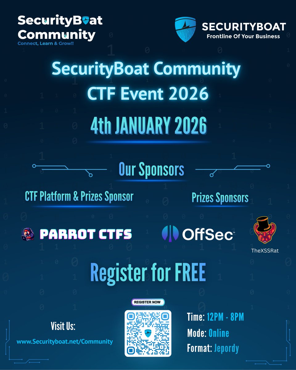 🚩 ANNOUNCEMENT: CTF 2026 is LIVE

SecurityBoat Community is hosting a global online CTF competition.

📅 Jan 4, 2026
⏰ 12PM-8PM IST (6:30AM-2:30PM UTC)
🌍 100% Online
🆓 FREE Entry

Registration just opened 👇
securityboat.net/event/security…

#CTF2026 #CyberSecurity #SBCommunityCTF