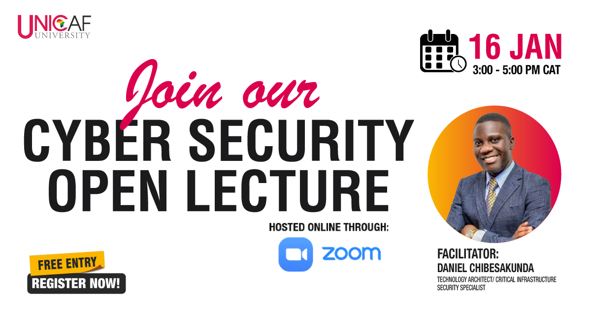 UNICAForg's tweet image. Learn from top ICT expert Daniel Chibesakunda.

16 Jan from 3-5 pm. CAT. Not-to-be-missed free lecture.💻

Register Now: link.unicaf.org/49gW0F5

#CyberSecurity #VirtualEvent #TechTalks