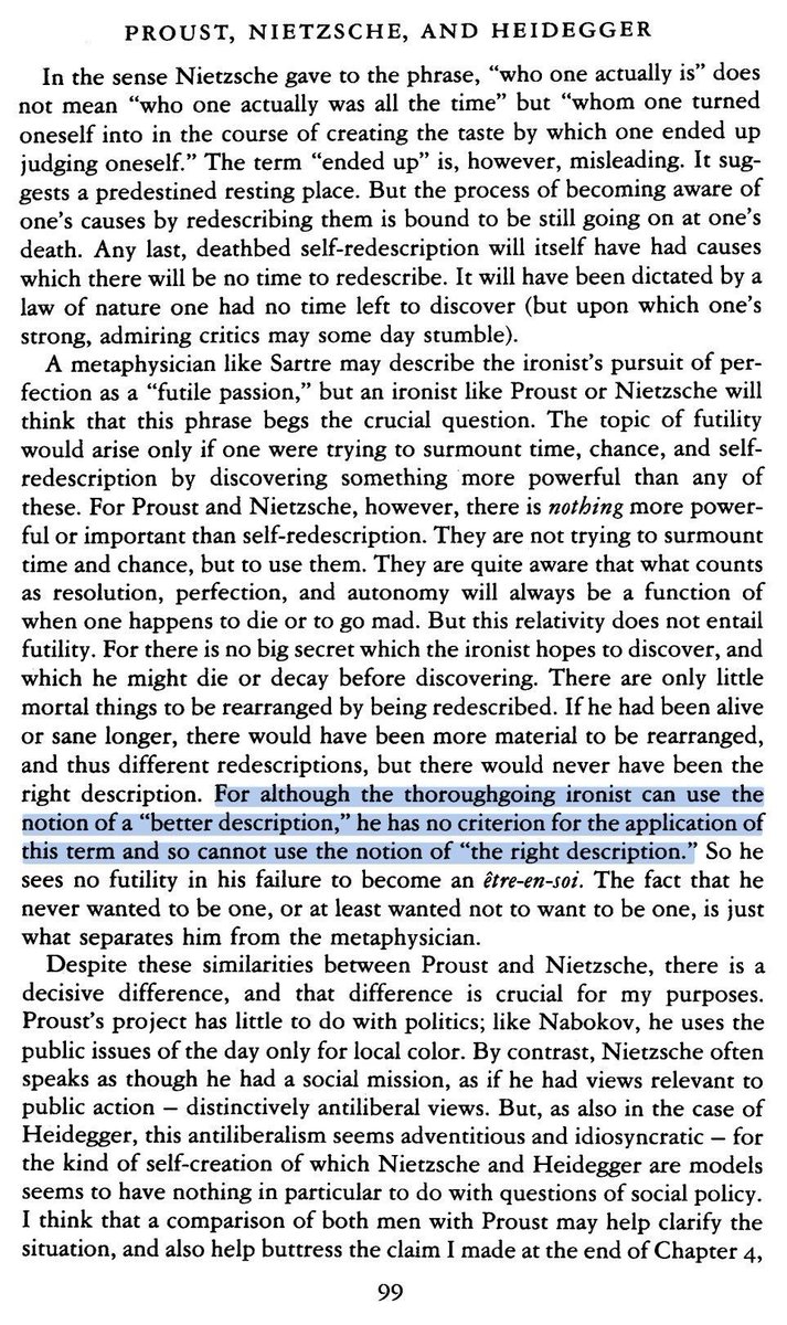 RortyQuotes's tweet photo. Although the thoroughgoing ironist can use the notion of a "better description," he has no criterion for the application of this term and so cannot use the notion of "the right description."
CIS p.99
#Pragmatism
#Rorty
#Redescription https://t.co/lPp48Kzbwj