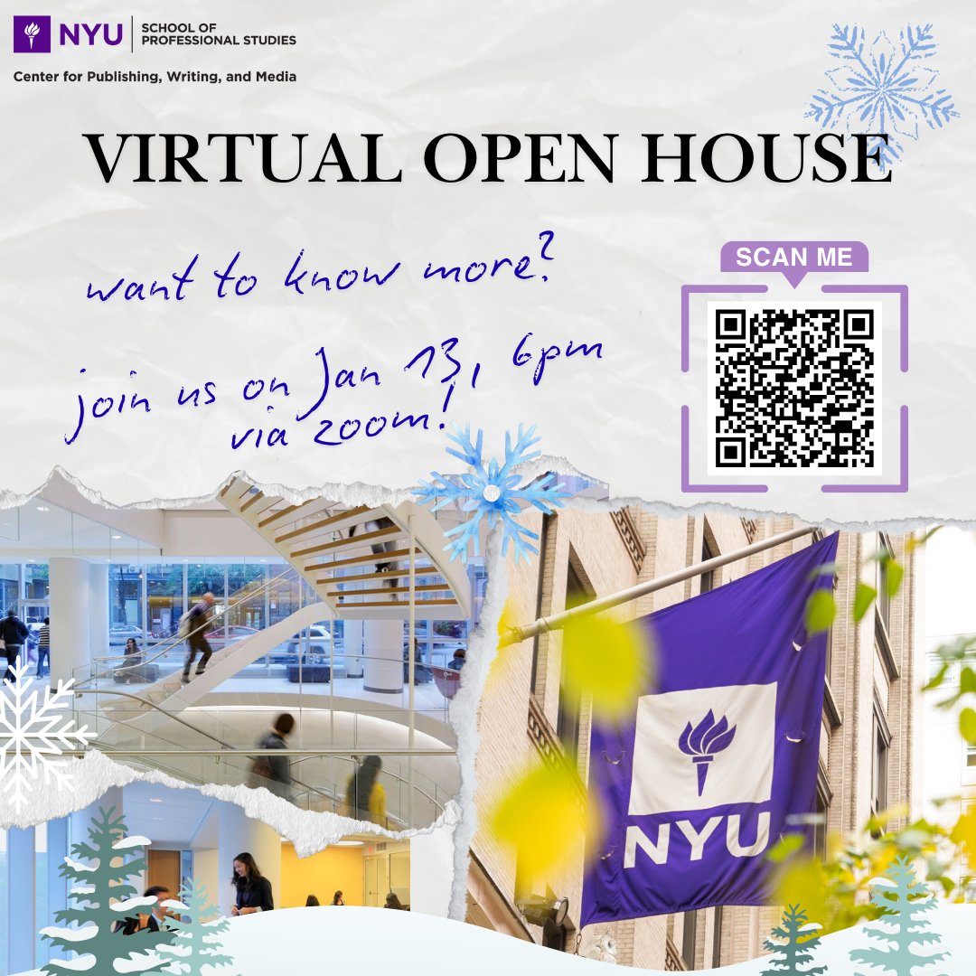 NYUPWM's tweet image. ⭐ Join us for the Center for Publishing, Writing, and Media Continuing Education Virtual Open House on Tuesday, January 13th, 6-7 PM.

Link to Register: bit.ly/4r9daeH

#NYUSPS #LifelongLearning #OpenHouse #ProfessionalCourses