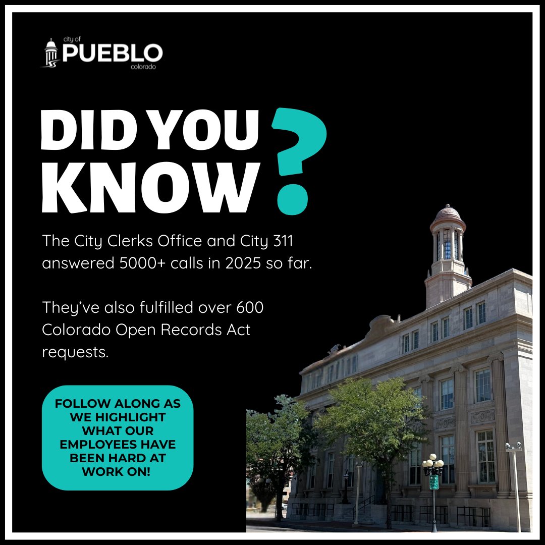 𝐃𝐢𝐝 𝐲𝐨𝐮 𝐤𝐧𝐨𝐰? 

The City Clerk's Office and City 311 answered 5000+ calls in 2025 so far.

They’ve also fulfilled over 600 Colorado Open Records Act requests. 

Whew! That's a lot of work. We appreciate our hard-working staff in the Clerk's office!