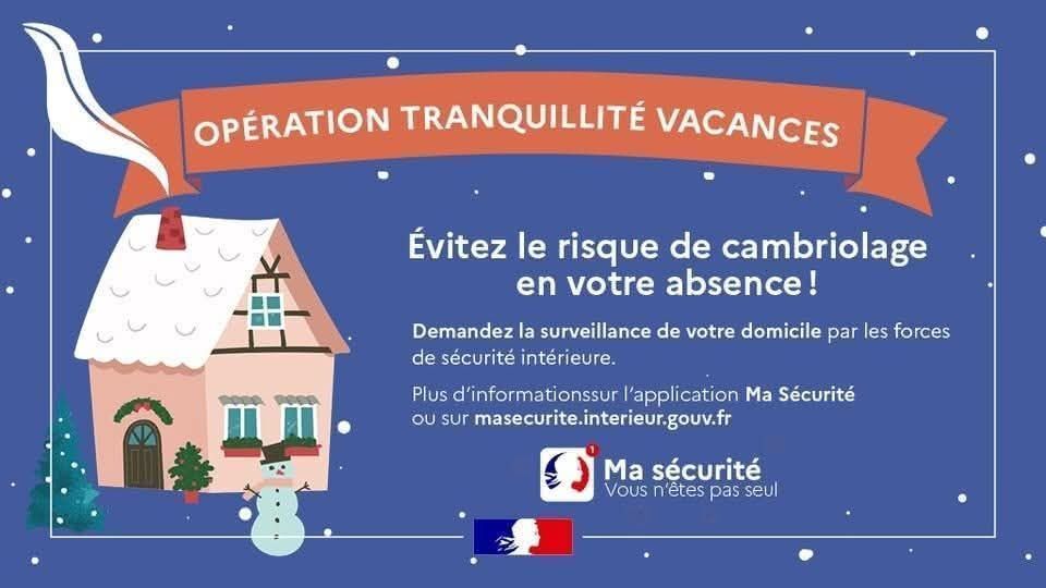 #prévention  |🎄 Départs pour Noël ?
Partez l’esprit tranquille avec l’Opération Tranquillité Vacances 🔐
Pendant votre absence, les policiers 🚔 surveillent votre domicile.
📲 Inscription gratuite :
masecurite.interieur.gouv.fr/fr/demarches-e…

#OpérationTranquillitéVacances #PréventionCambriolages