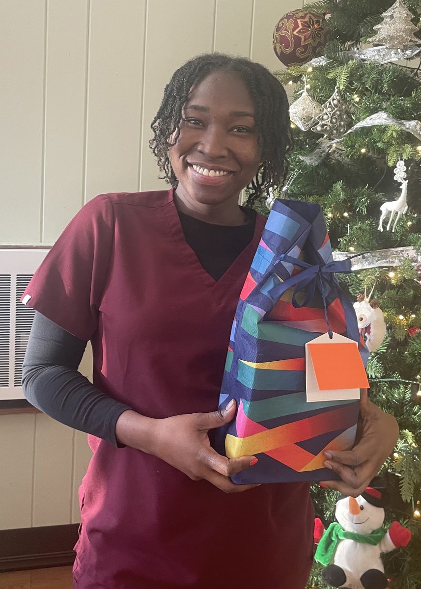 NextStepHC's tweet image. Melrose Healthcare had a week full of fun! 🎁🎶🫶 Gifts were passed out to the residents at their party, the staff enjoyed gifts raffled away at their party (CNA Mariomica pictured was one lucky winner), and many memories were made all around! #gifts #holiday #fun