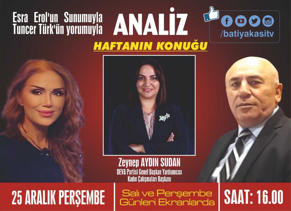 25 Aralık Perşembe saat 16:00 ‘da 
Batı  Yakası TV’den Esra Erol ve Tuncay Türk’ün konuğu oluyorum.
İzlemeniz dileğiyle💦🌱